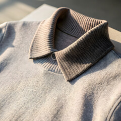 A finely textured collared shirt with a knit collar and button accent rests in soft sunlight, showcasing a stylish and comfortable casual clothing option in neutral tones.