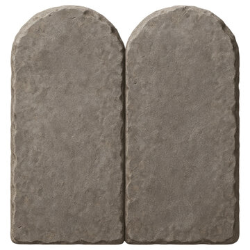 Two blank grey stone tablets stand together with rounded tops Their rough ancient surfaces feature prominent texture