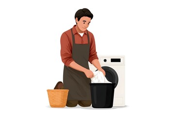 A man is folding clothes and putting them in a trash can