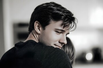 A man and woman are hugging each other in a kitchen
