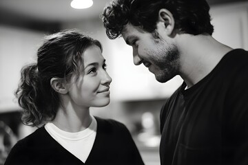A man and woman are standing in a kitchen, smiling at each other