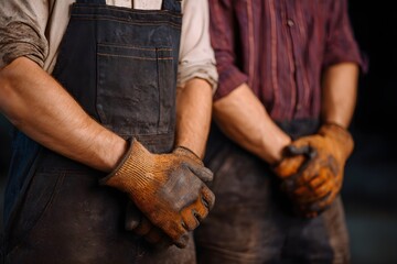 Two men wearing dirty work clothes and gloves
