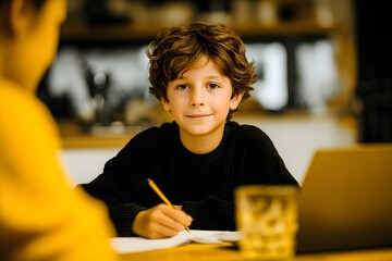 A boy is sitting at a table with a laptop and a glass of water