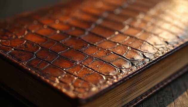 Vintage leather book cover with crocodile pattern texture in rich brown tones. Aged, worn material evokes classic, literary feel, perfect for storytelling, history, antique decor themes. Timeless