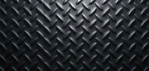 Dark metal texture featuring raised diamond pattern. Steel surface with ribbed, corrugated design offers grunge, weathered look suitable for industrial decor applications. Provides traction,