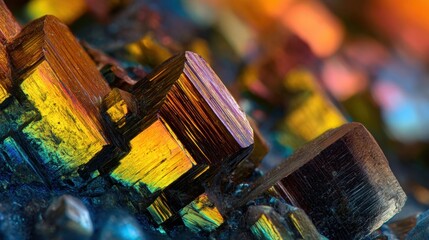 Vibrant yttrium orthovanadate crystals refracting light, generating kaleidoscopic color spectrum with iridescent metallic shimmer against luminous background