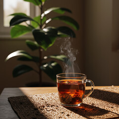A steaming cup of tea sits on a table, bathed in sunlight, next to a leafy houseplant.