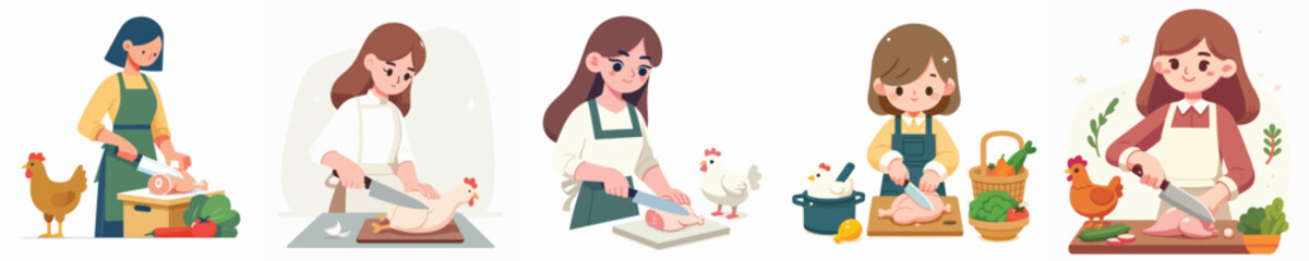 vector character of woman cutting chicken