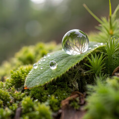 Dewdrops cling to a vibrant green leaf, capturing the surrounding lush forest in miniature reflections, highlighting the delicate beauty of nature and freshness of a mossy woodland environment.