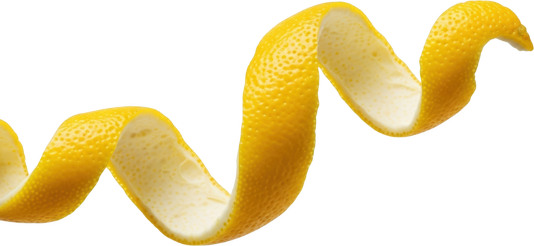 Bright yellow lemon peel spiraling against a black void isolated citrus
