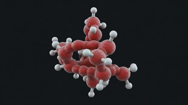 Detailed 3D Render of Red Molecular Structure on Black Background with White Spherical Atoms