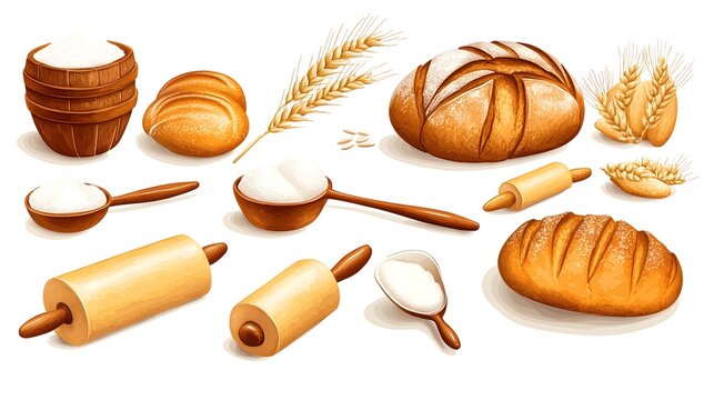 Assorted bakery items and ingredients displayed on a white background.