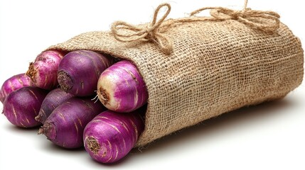 Rustic charm of purple turnips overflowing from burlap sack, a culinary delight