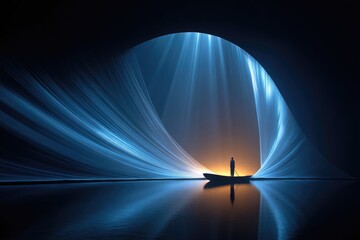 Solitary figure in a boat under a luminous archway.