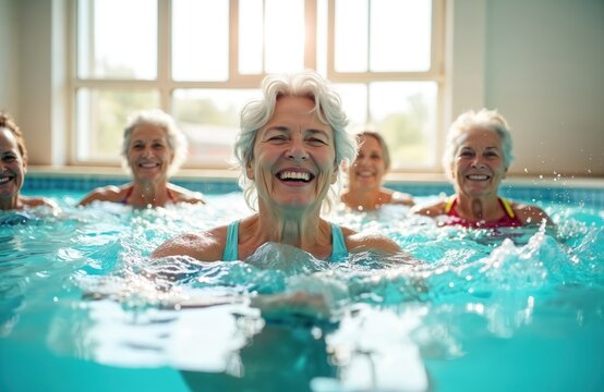 Happy senior women engage in aqua fitness class in swimming pool. Elderly ladies exercise together, enjoying water aerobics for health, wellness. Mature adults smile, promoting active aging,