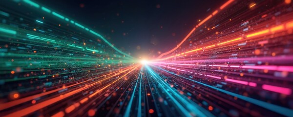 Abstract background illustration of colorful flowing lines representing communication technology. Vibrant neon light streaks in green, blue, red, pink create dynamic digital pattern suggesting