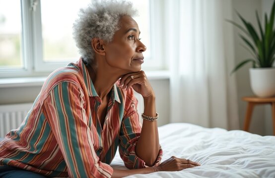 Thoughtful African American senior woman sits on bed, looking into distance. Peaceful retirement lifestyle in comfortable home setting. Mature female reflects, enjoying quiet indoor leisure time.