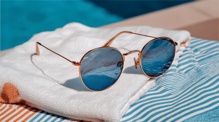 A pair of sunglasses is sitting on top of a towel