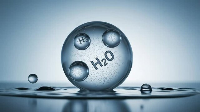 Macro View of Water Molecule Sphere with H2O Formula and Bubbles on a Blue Surface