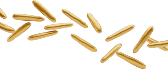 Scattered elongated golden objects with rounded ends floating in motion transparent background