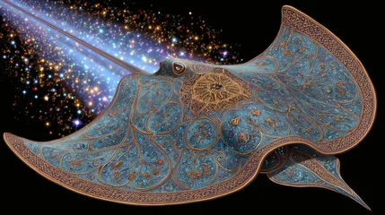 Fototapete Decorative Blue and Gold Ornamental Manta Ray with Cosmic Light Beam on Black Background © Budi