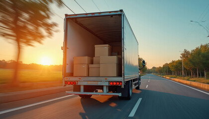 Cargo truck with open rear doors travels down highway at sunset, carrying boxes for delivery. This scene captures efficient loading and transport preparation for logistics and supply chain operations.