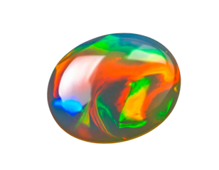  Macro close-up of polished opal gemstone revealing fiery color patterns