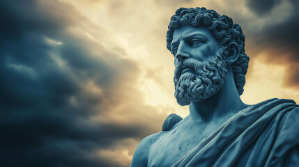 Fototapeta premium Ancient Greek philosopher bust sculpture with dramatic lighting