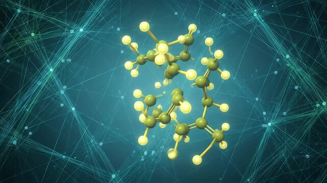 Molecular Structure Displayed Over A Blue Background With Connected Data Lines