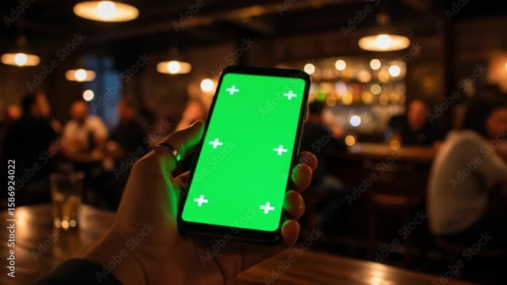 Poster hand holding smartphone with green screen in bar setting with blurred background and warm lighting