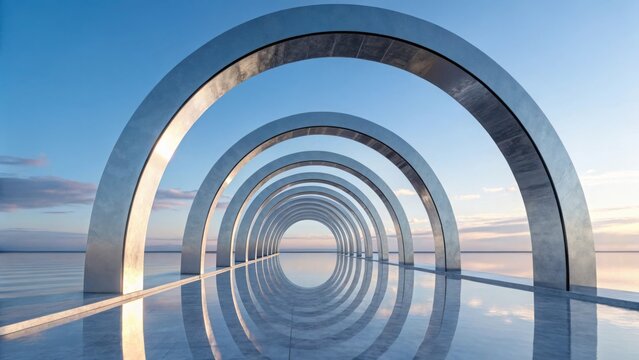 Futuristic arches reflecting on water under a serene sky - Powered by Adobe