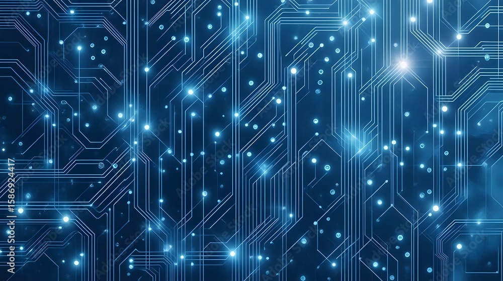 Poster futuristic abstract backdrop showcasing blue circuit board design and glowing nodes for innovation c