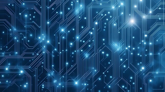Futuristic abstract backdrop showcasing blue circuit board design and glowing nodes for innovation concepts.