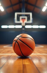 Naklejka premium Orange basketball rests on polished wooden court floor. Blurred background shows basketball hoop, arena lights. Focus on ball texture, court lines. Sport competition, game prep, stadium atmosphere.