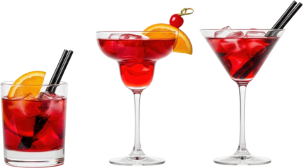 Three Chilled Red Cocktails With Ice Garnishes And Straws Transparent Background Isolate