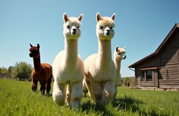 Fototapeta premium Herd of alpacas walks across sunny green meadow towards camera. Two white alpacas front, center, one brown alpaca to left. Wooden barn in background under clear blue skies. Gentle domesticated
