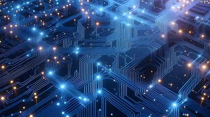 Intricate electric circuit board showcases high technology and data transfer with glowing light trails and connections, a symbol of digital connectivity.