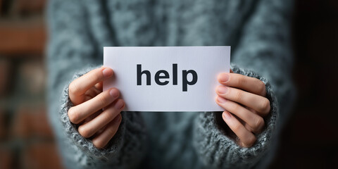 Hands holding card with the word “help” written on it