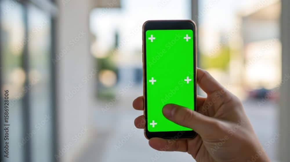 Poster hand holding smartphone with green screen for chroma key compositing in a blurred background setting