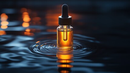 Golden Liquid Dropper Capturing the Essence in a Bottle on Water Surface, Creating a Luminous Reflection