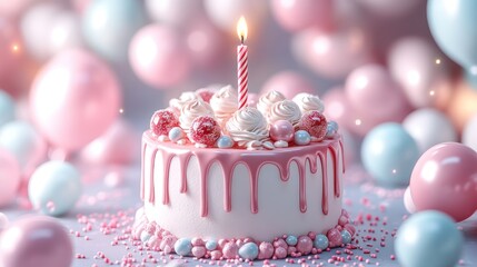 Sweet Celebration Charming Birthday Cake with Pastel Balloons in a Dreamy Display