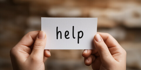 Hands holding card with the word “help” written on it