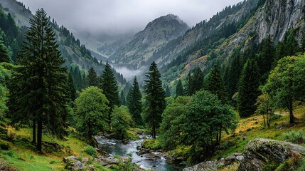 A misty mountain valley with a winding stream and lush greenery.