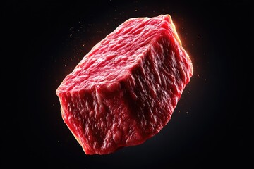 Fototapeta premium Close-up of a raw steak cube against a dark background.
