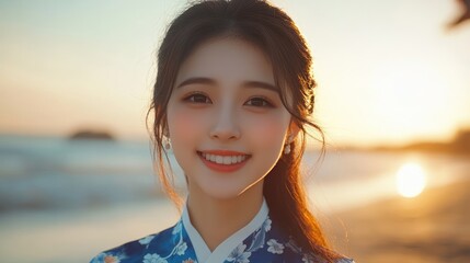 A serene woman smiles, radiating peacefulness and joyfulness, embodying the essence of gentle light and human charm.