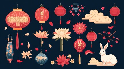Festive Asian Lanterns and Floral Designs for a Celebratory Atmosphere illustration