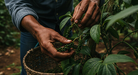Close-up of hands harvesting fresh green peppercorns from a plant, collecting spices in a woven basket on a farm