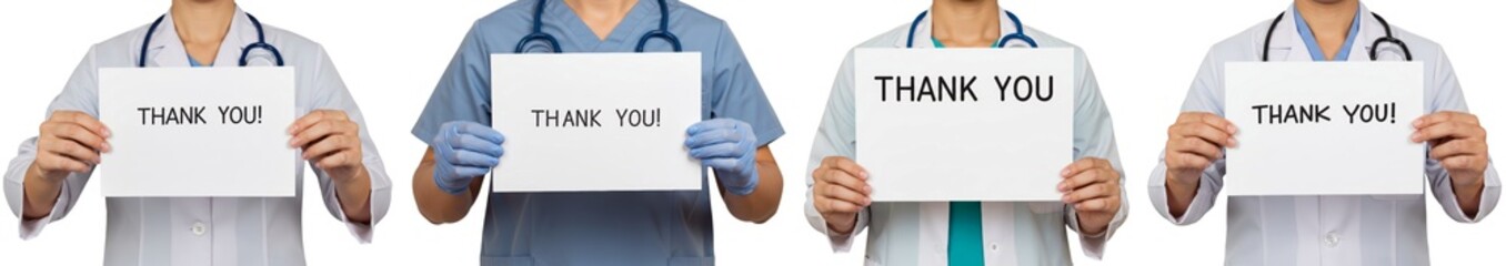 Healthcare workers holding thank you signs on transparent background  