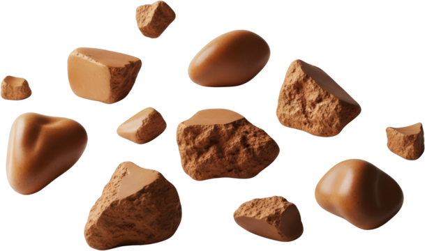 Collection of smooth pebbles and rough angular rocks scattered against a dark background transparent background