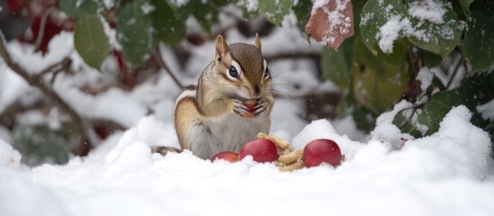 Winter Foraging A Chipmunk's Snowy Feast for Survival, featuring a charming chipmunk among winter apples.